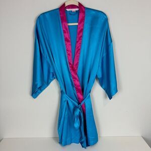 Victoria’s Secret Blue Satin Robe Pink Trim OS